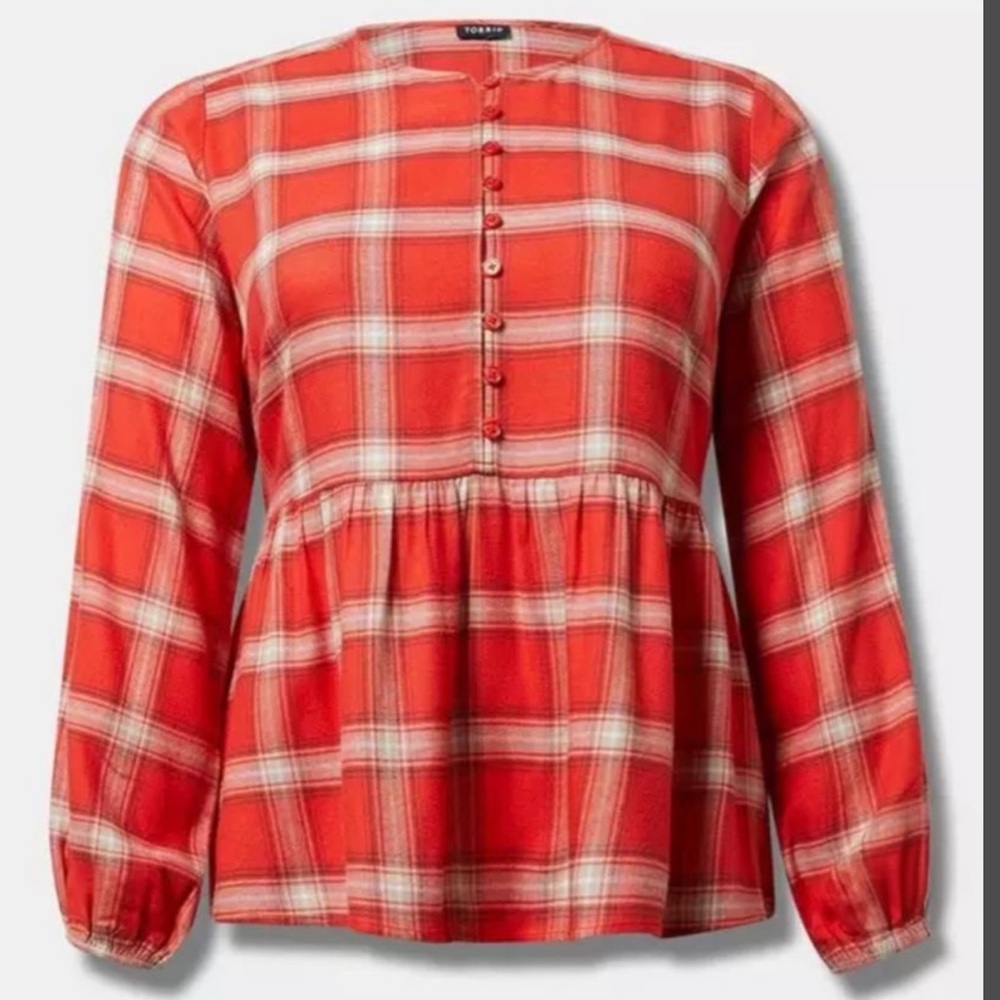 Torrid Red Plaid Flannel Pullover Blouse Long Sleeve Women’s Size 1X NWT
